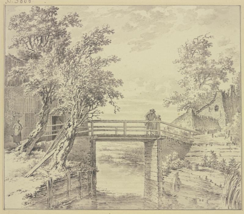Zwischen Häusern eine Brücke über einen Kanal, auf welcher ein Mann und ein Mädchen stehen von Steven Goblé
