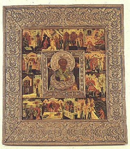 Russian icon depicting St.Nicholas, within a surround of 12 scenes from the life of Christ von Stroganov School