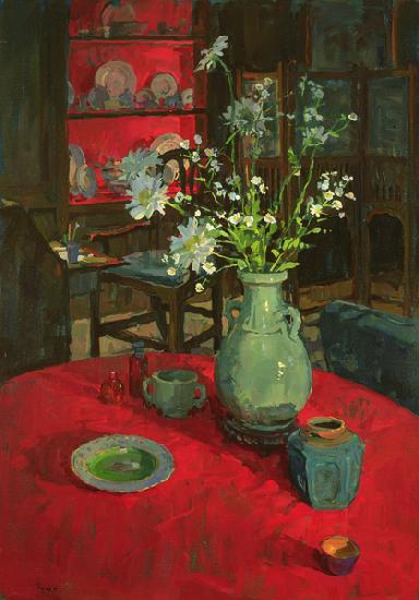 Red Alcove with Daisies