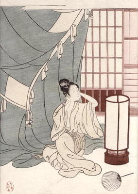 Young woman kneeling by her mosquito net, 1766 (colour woodblock print) von Suzuki Harunobu