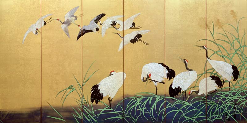 Six-Fold Screen Depicting Reeds and Cranes von Suzuki Kiitsu