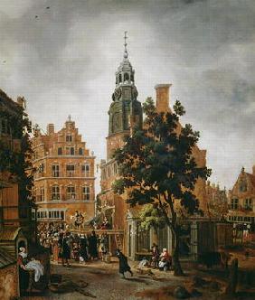 The Munt Tower with a Quack Praising his Merchandise, Amsterdam (oil on panel) 1778