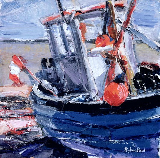 Boat with Red Buoy (mixed media and collage on paper)  von Sylvia  Paul