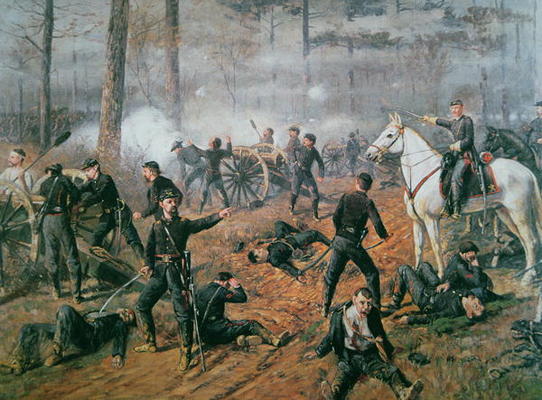 Captain Hickenlooper's battery in the Hornet's Nest at the Battle of Shiloh, April 1862 (colour lith von T. C. Lindsay