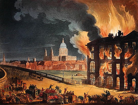 Fire at Albion Mill, Blackfriars Bridge, from Ackermann''s ''Microcosm of London'' c.1808-11 von T. Rowlandson