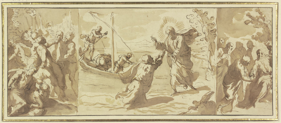 Jesus geht über das Wasser, links die Gefangennahme Jesu, rechts Jesus und die Apostel von Taddeo Zuccari