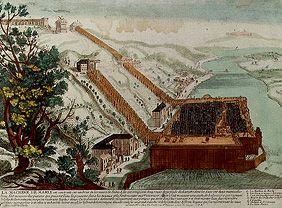 Wasserhebemaschine bei Marly/Seine zur Versorgung der Wasserspiele Ludwigs XIV. um 1700