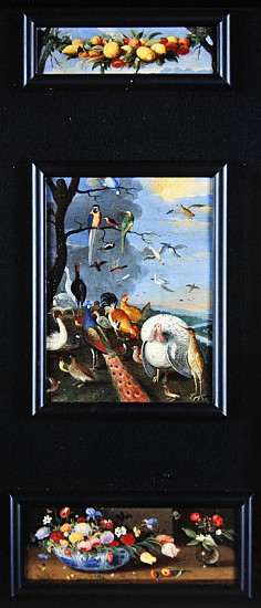 Still life tableaux - garland of fruit, various birds, bouquets von the Elder Kessel Jan van