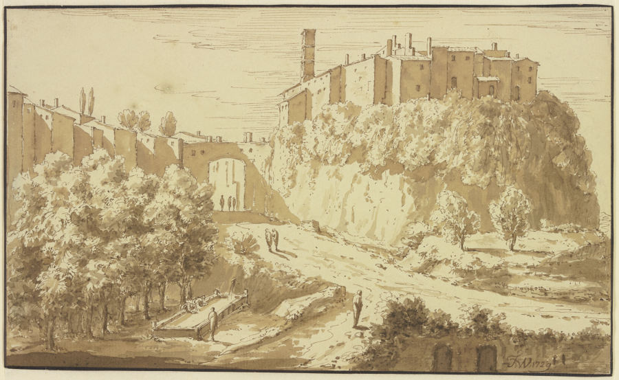 Italienische Stadt auf einem Felsen, am Fuße desselben das Stadttor, vorne Wäscherinnen von Theodoor Wilkens