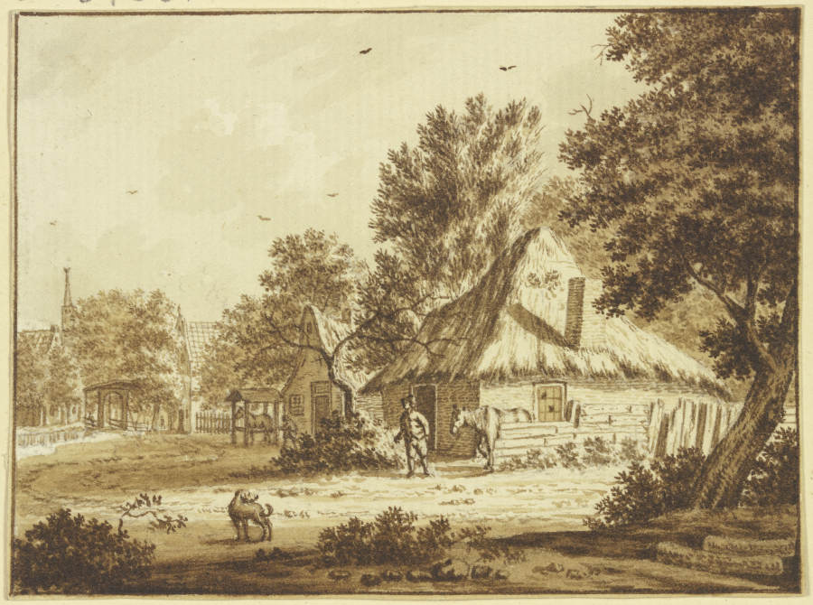 Bauerndorf, ein Mann führt ein Pferd aus seinem Hof, vorne ein Hund von Theodor de Bruyn