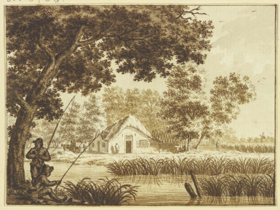 Landschaft, vorn ein Wasser, links zwei Angler von Theodor de Bruyn