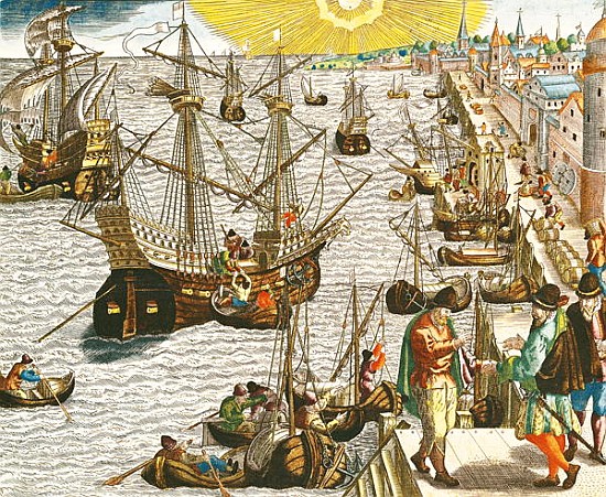 Departure from Lisbon for Brazil, the East Indies and America, illustration from ''Americae Tertia P von Theodore de Bry