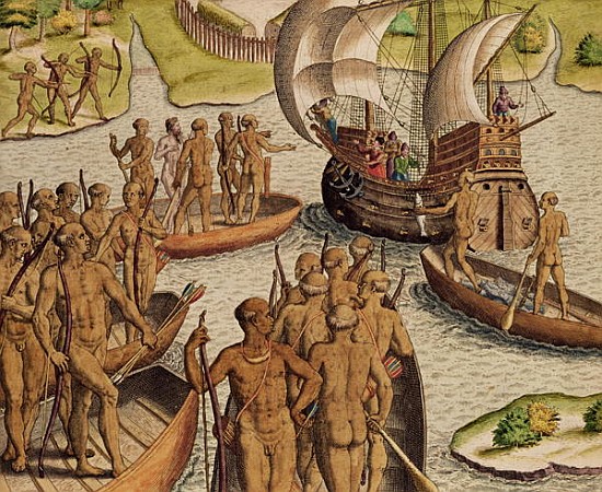 ''The Lusitanians send a second Boat towards me'', from ''Americae Tertia Pars...'' von Theodore de Bry