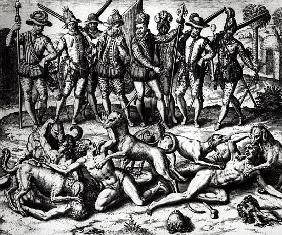 The dogs of Vasco Nunez de Balboa (1475-1571) attacking the Indians