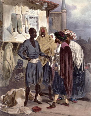 The Slave Market at Ak-Hissar, Turkey, c.1830-35 (colour litho) von Theodore Leblanc