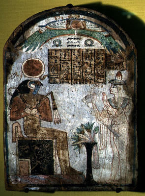 Stela depicting Tachenes praying before the god Re-Horakhty, 900 BC (painted wood) von Third Intermediate Period Egyptian