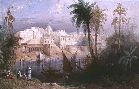 A View of an Indian city beside a river, with boats on the river and figures in the foreground von Thomas Allom