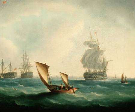 British Men-o'-war and a Hulk in a Swell, a Sailing Boat in the Foreground von Thomas Buttersworth