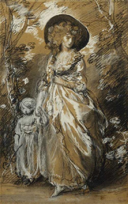 Eine Dame im Garten mit ihrem Kind an der Hand (möglicherweise eine Studie für The Richmond Water-Wa von Thomas Gainsborough