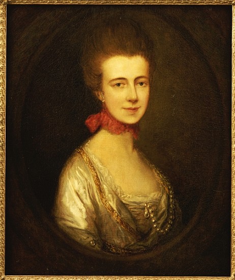 Portrait of Miss Boone, wearing a white dress with gold embroidery and pearl chain, a red ribbon aro von Thomas Gainsborough