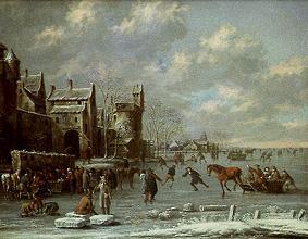 Eisläufer auf einem Kanal vor einer Stadtmauer von Thomas Heeremans
