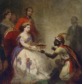 Königin Viktoria schenkt die Bibel einem afrikanischen Häuptling 1861