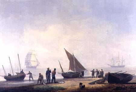 Fisherfolk on a Beach, with Vessels Offshore von Thomas Luny