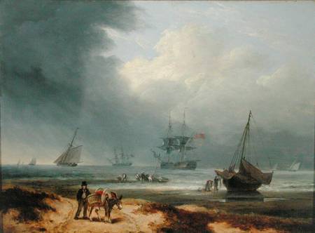 Shipping in a Windswept Bay with Men Working on the Shore von Thomas Luny