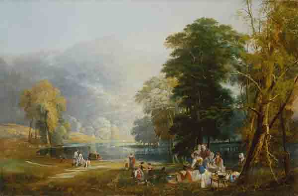 Picknick im Gebirge, am Ufer eines Sees. von Thomas Miles Richardson d.Ä.