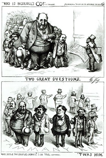 Cartoons featuring William Marcy ''Boss'' Tweed, James Ingersoll and George Miller, from ''Harper''s von Thomas Nast
