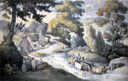 Landscape with Cattle Fording a Stream (w/c, pen & von Thomas Rowlandson