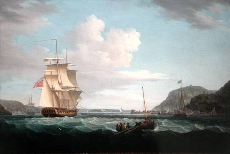 A British Frigate with a Longboat off the Headland of Gallows Hill, Broad Bay, Isle of Lewis, Hebrid von Thomas Whitcombe