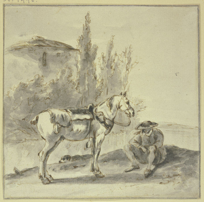 Ein Bauer sitzt bei seinem Pferde von Thomas Wijck