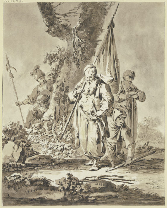Ein alter Mann mit Fahne und Degen sowie zwei weitere Figuren, allesamt den Blick zu Boden gesenkt,  von Tiberius Dominikus Wocher