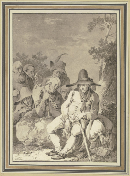 Sitzender Bauer mit großem Hut, bei seinem Gepäck rastend, und sechs Begleiter von Tiberius Dominikus Wocher