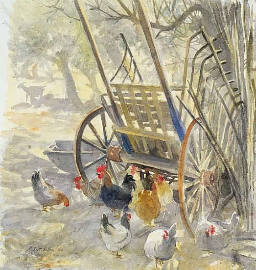 Chickens under Majorcan Cart, 1994 (w/c)  von Tim  Scott Bolton
