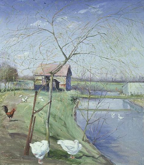 Geese and Young Willow, 1989  von Timothy  Easton