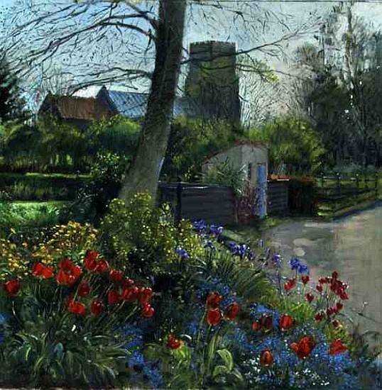 Red Tulips and Bedfield Church (oil on canvas)  von Timothy  Easton