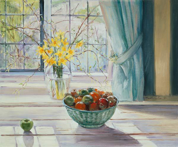 Fruit Bowl with Spring Flowers, 1990 (oil on canvas) 