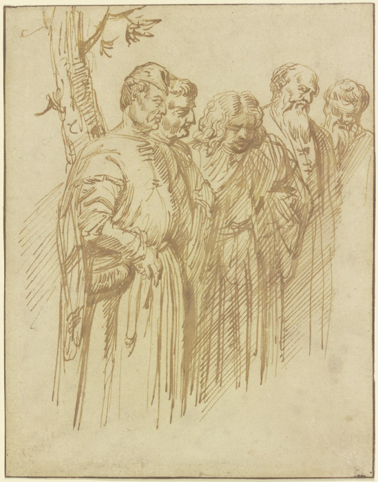 Gruppe von fünf stehenden Männern aus dem Fresko mit dem Wunder vom angefügten Fuß in der Scuola del von Tizian