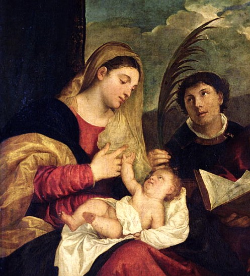 Madonna and Child with SS. Stephen, Jerome and Maurice (detail of 108505) von Tizian (Tiziano Vercellio/ Titian)