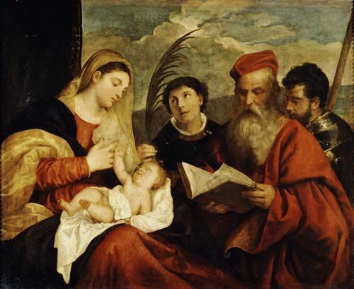 Maria mit Kind, sowie hl. Stephans, Hieronymus und Mauritius von Tizian (Tiziano Vercellio/ Titian)
