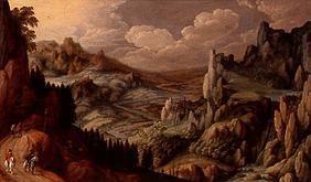 Weite felsige Flusslandschaft mit zwei Reitern 1624