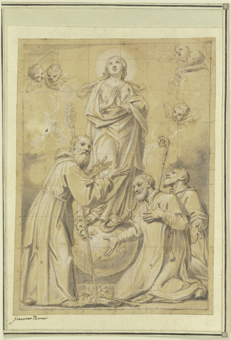 Maria Immakulata über der Schlange auf der Mondsichel und der Weltkugel stehend, von drei Jesuitenhe von Tommaso Bona