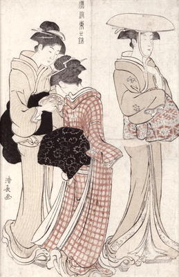 Young woman wearing a wide straw hat, followed by a servant and a companion carrying a 'furoshiki', von Torii Kiyonaga