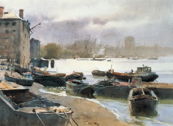 A Cluster of Lighters, River Thames, 1993 (w/c on paper)  von Trevor  Chamberlain