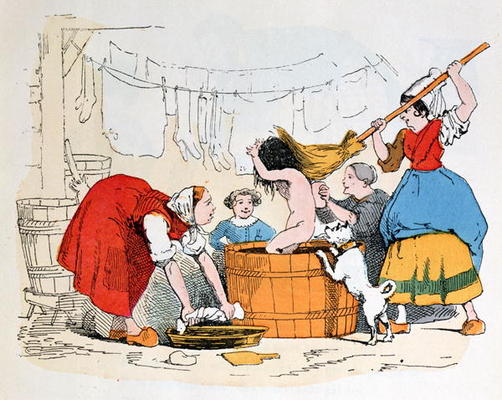 The Compulsory Bath, illustration for 'Les Defauts Horribles', c.1860 (colour litho) von Trim