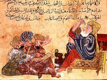 Aristotle teaching. illustration from 'The Better Sentences and Most Precious Dictions' by Al-Moubba von Turkish School