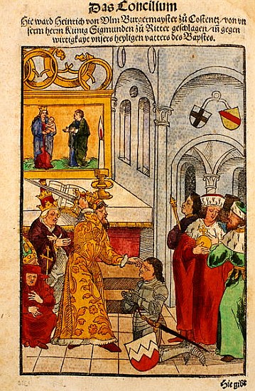 Henry of Ulm is awarded his knighthood the Emperor at the Council of Constance, from ''Chronik des K von Ulrich von Richental