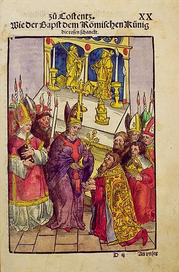 Pope Martin V gives Sigismund the symbolic gift of the Golden Rose at the Council of Constance, from von Ulrich von Richental